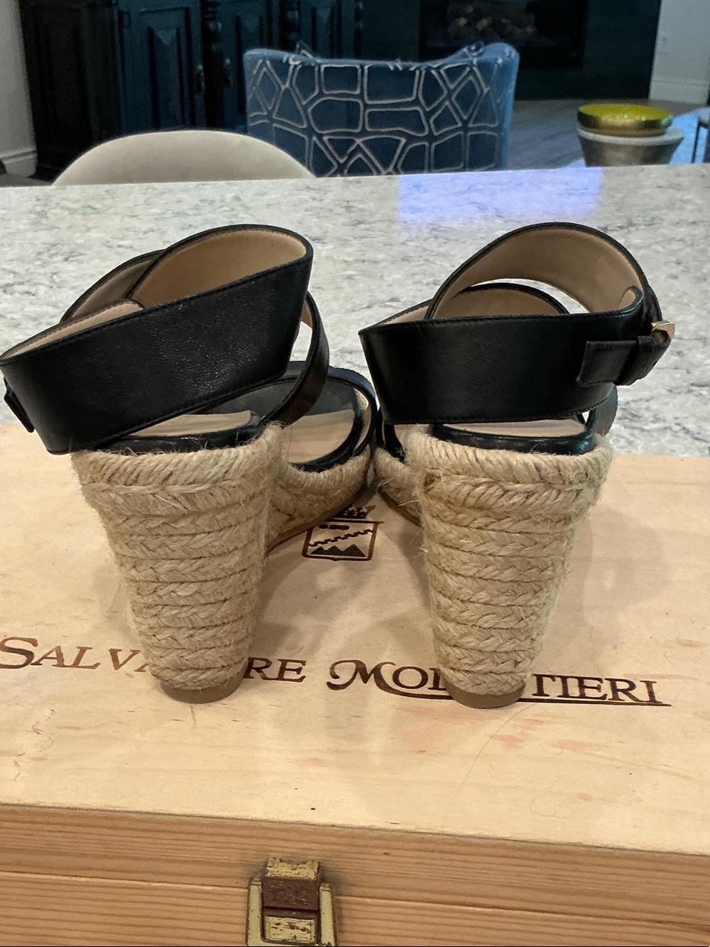 Stuart Weitzman Black Leather Espadrille Wedge Sandals - Picture 3 of 9